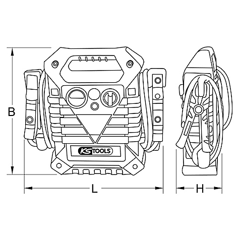 Technische Zeichnung eines KS TOOLS Stromaggregats mit Maßangaben (B, L, H).